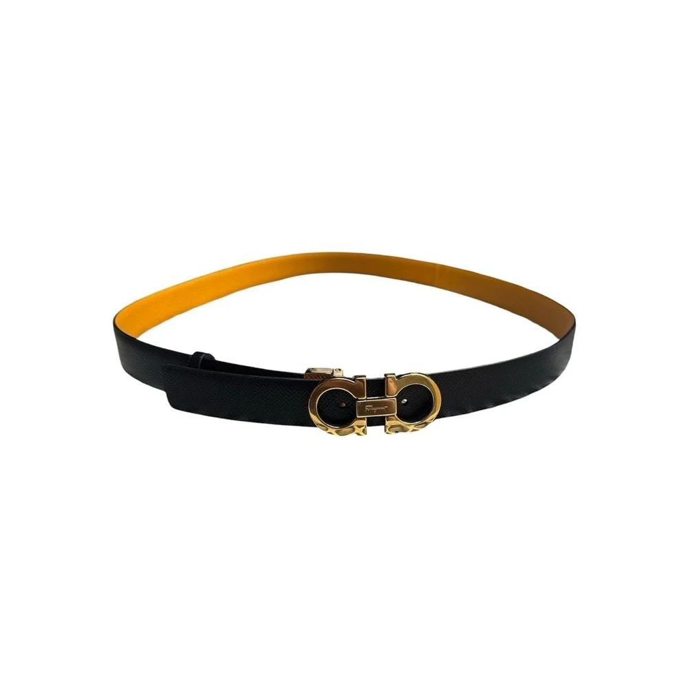 UNISEX Authentic FERRAGAMO Belt  Black/BROWN LEATHER BELT WITH GOLD BUCKLE